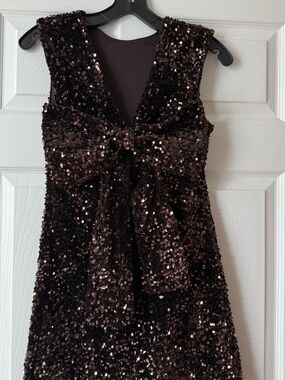 H&M Sequined Mini Dress with Front Bow in Dark Brown
